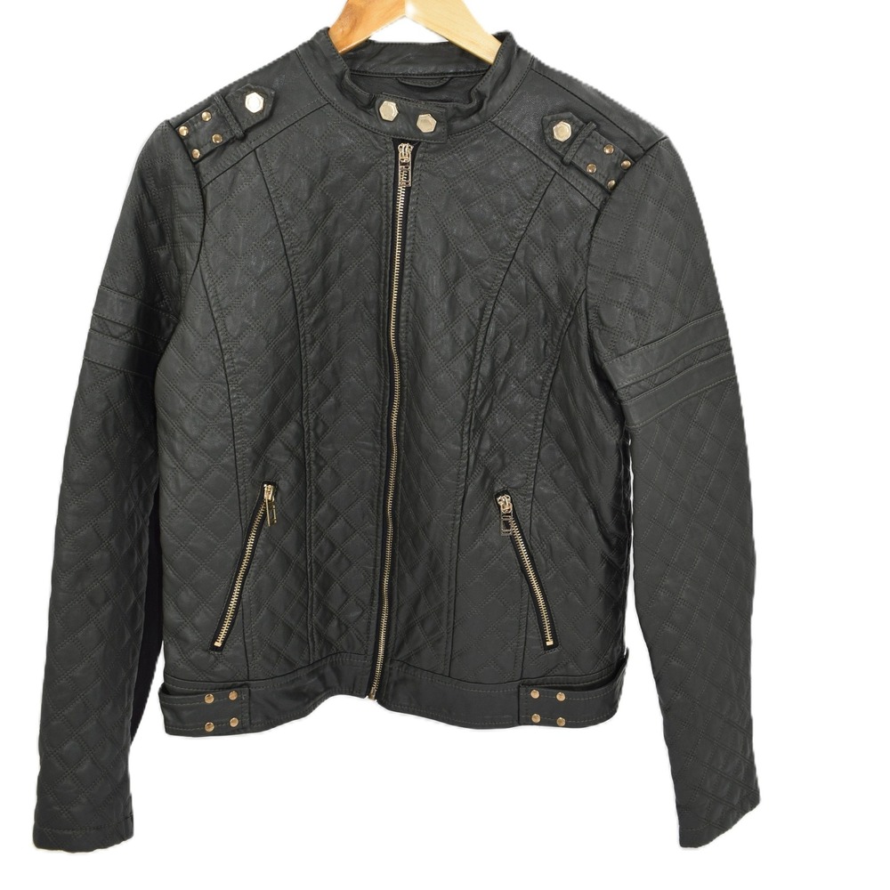 Coffee shop Womens Black Quilted Moto Jacket Studded Shoulder Zip‎ Up
